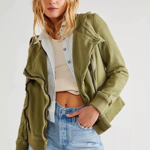 Free People Carmen Cotton Moto Jacket Hooded Green NWT Size Small - Picture 7 of 14